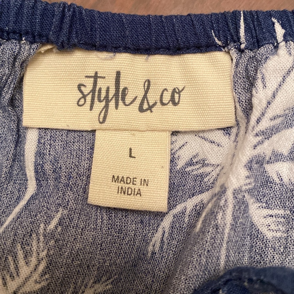 Style & Co Blue White Palm Tree Print SZ L Boho Casual Chic Beachy Summer Top - Picture 9 of 13